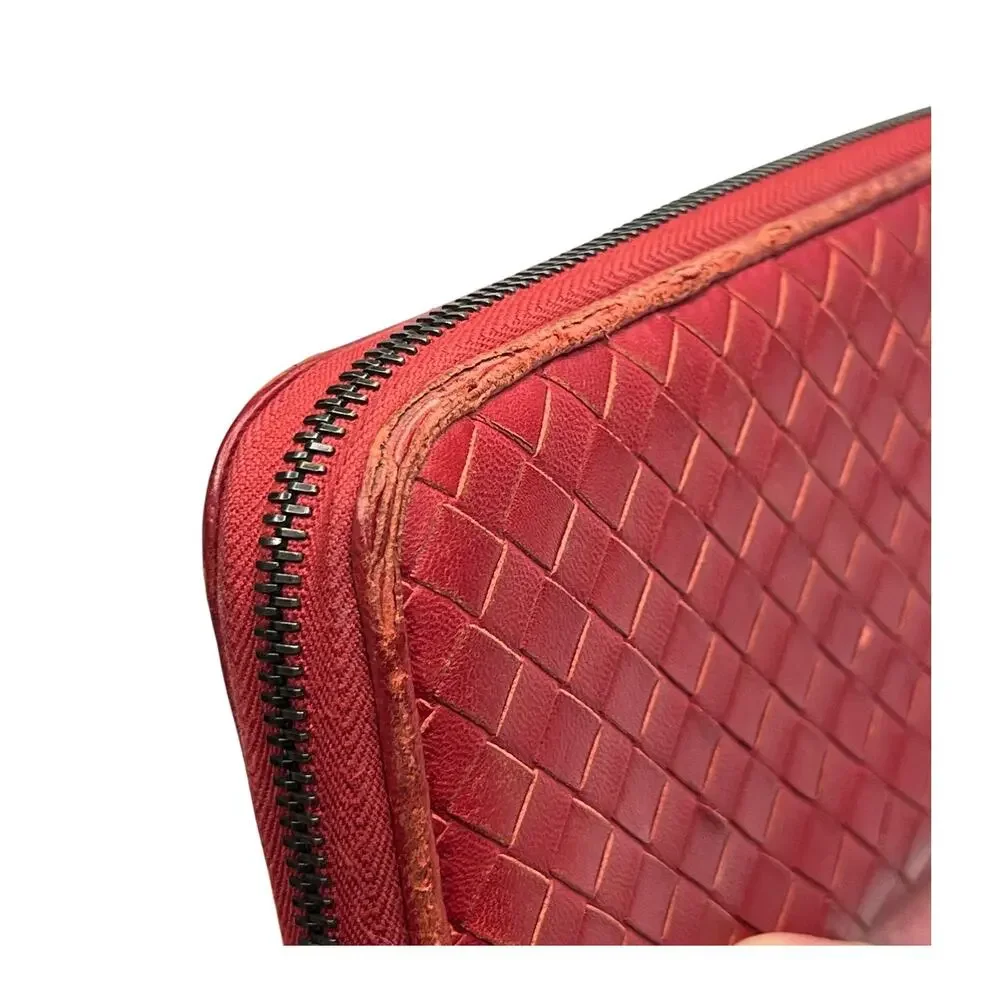 Bottega Veneta Intrecciato Red Leather Zip Around Continental Wallet